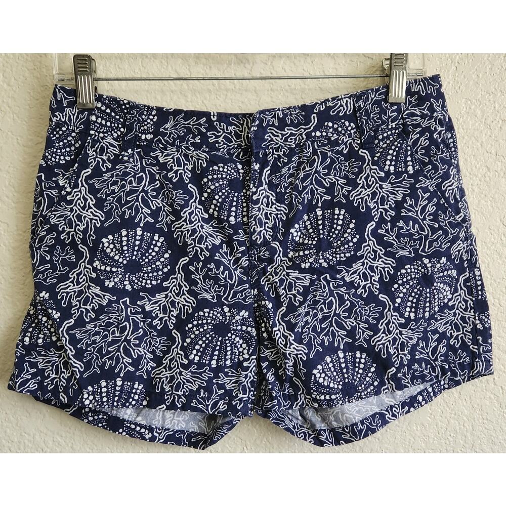 Old Navy Blue White Floral Print Flat Front Mid Shorts 16 Lightweight Pockets